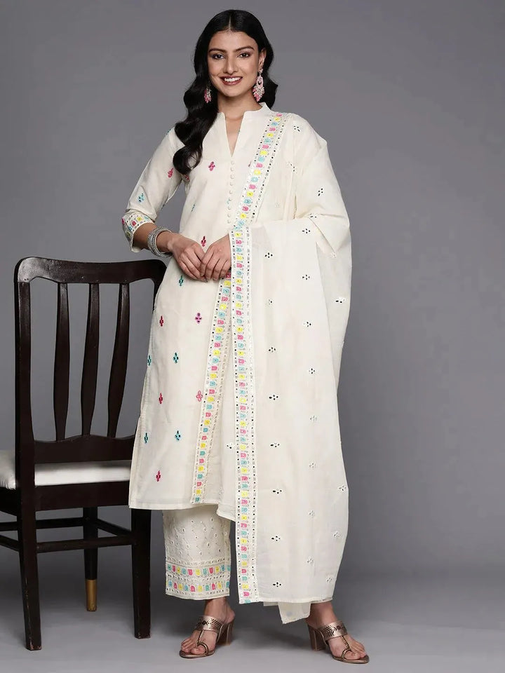 Off White Embroidered Cotton Straight Suit Set With Trousers - Libas