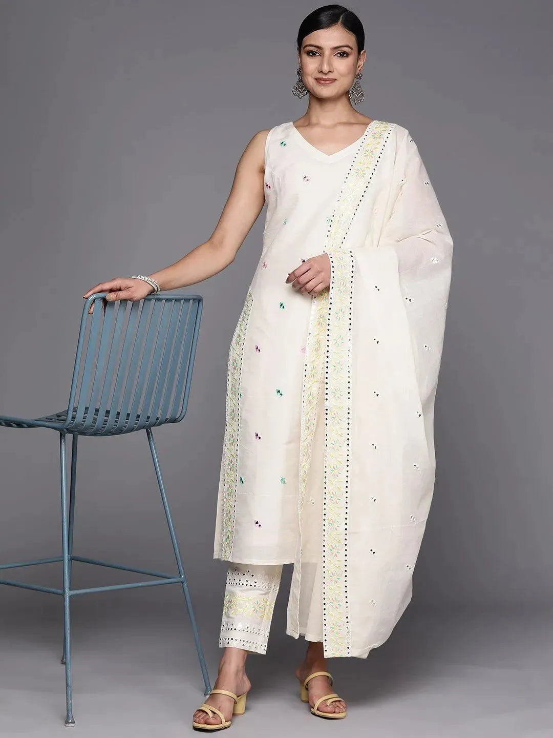 Off White Embroidered Cotton Straight Suit Set With Trousers - Libas