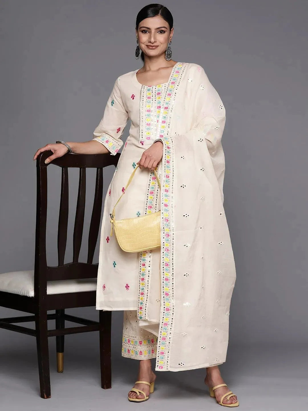 Off White Embroidered Cotton Straight Suit Set With Trousers - Libas 