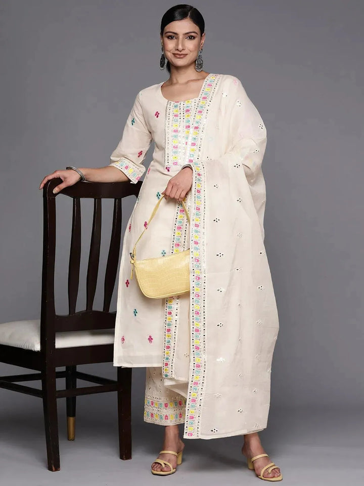 Off White Embroidered Cotton Straight Suit Set With Trousers - Libas