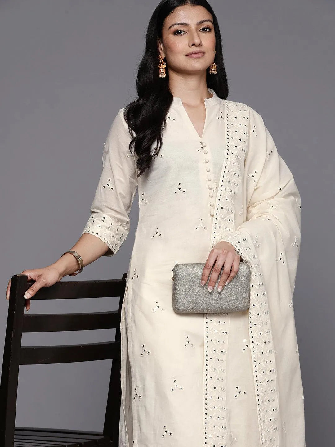 Off White Embroidered Cotton Straight Suit Set With Trousers - Libas