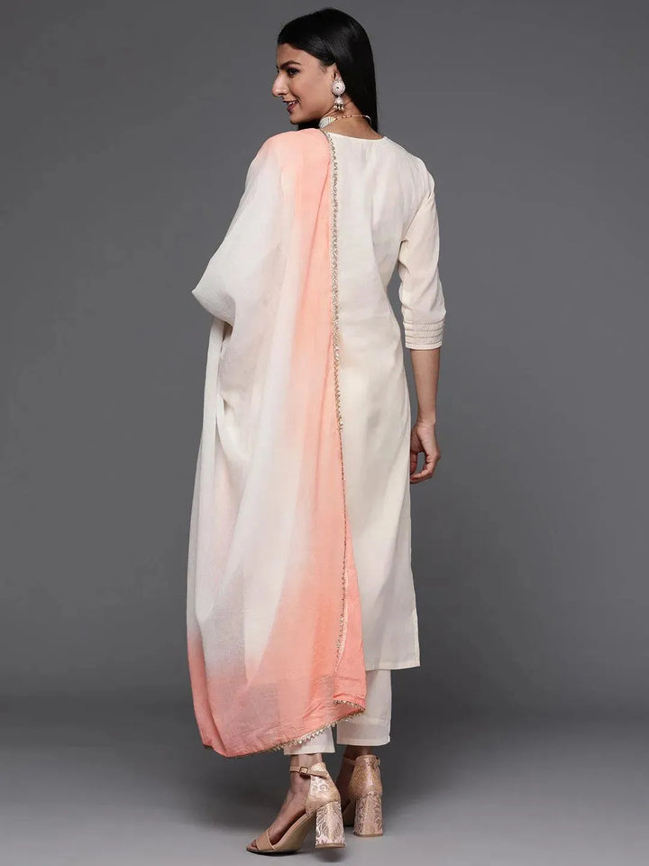 Off White Embroidered Cotton Suit Set - Libas