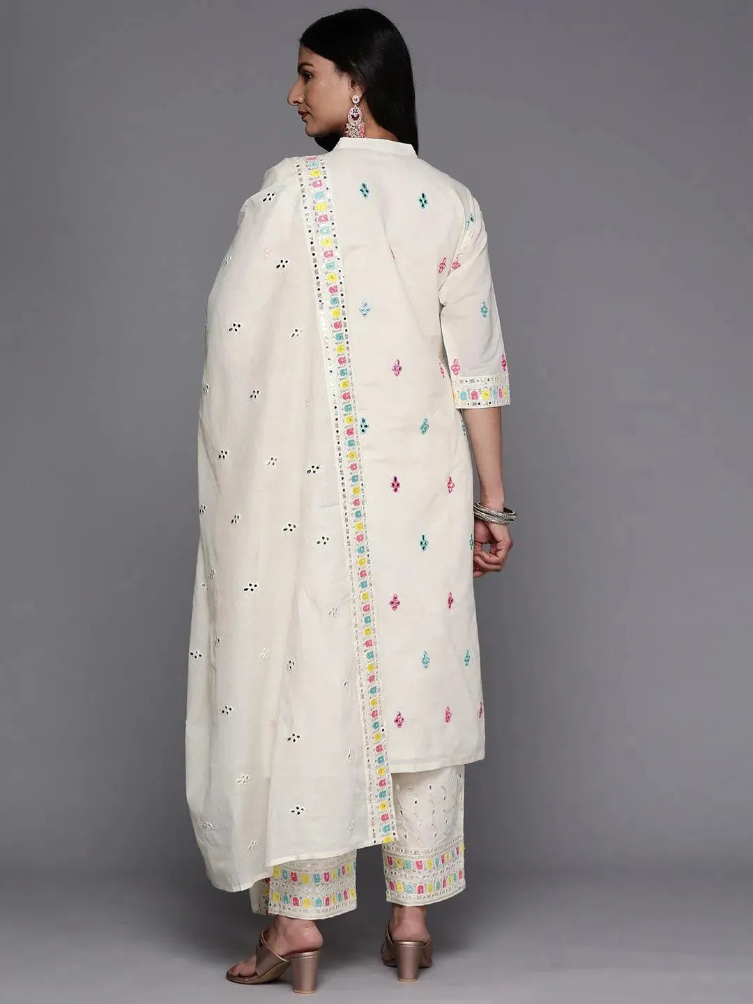 Off White Embroidered Cotton Straight Suit Set With Trousers - Libas