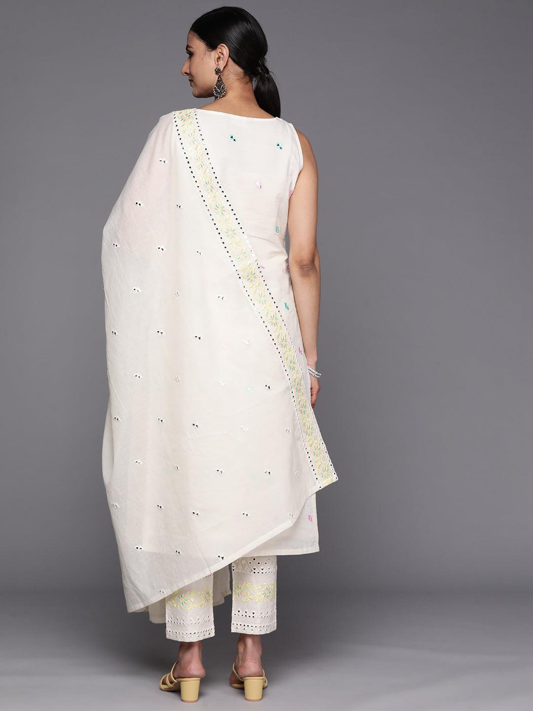 Off-White Embroidered Cotton Straight Kurta With Dupatta