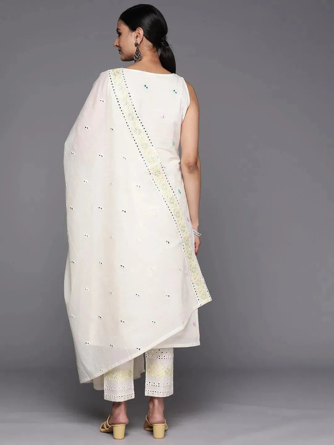 Off White Embroidered Cotton Straight Suit Set With Trousers - Libas 