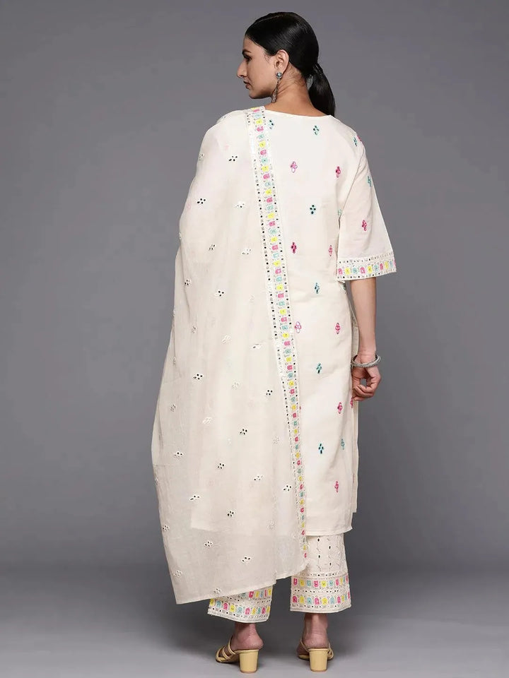 Off White Embroidered Cotton Straight Suit Set With Trousers - Libas