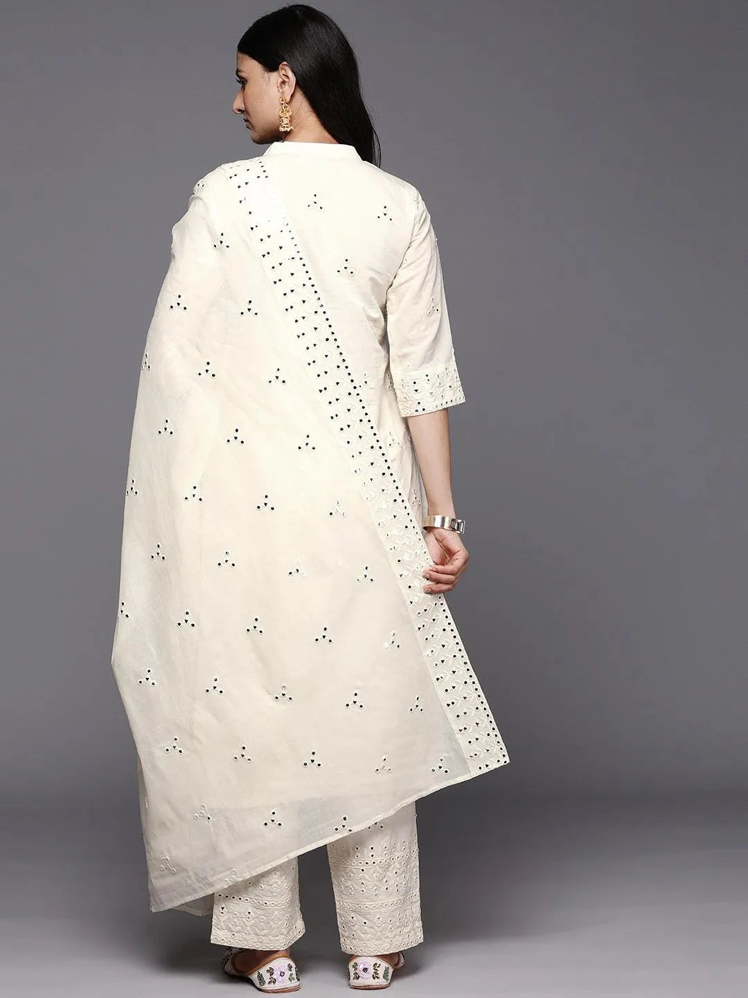 Off White Embroidered Cotton Straight Suit Set With Trousers - Libas 