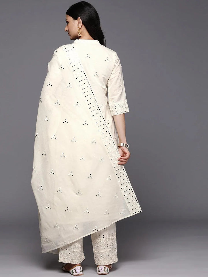 Off White Embroidered Cotton Straight Suit Set With Trousers - Libas