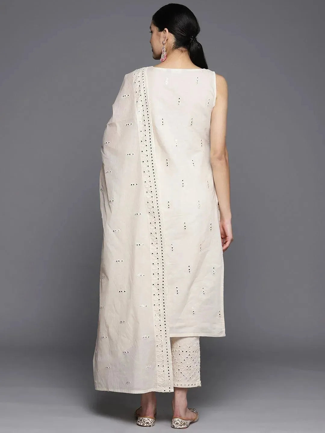 Off White Embroidered Cotton Straight Suit Set With Trousers - Libas