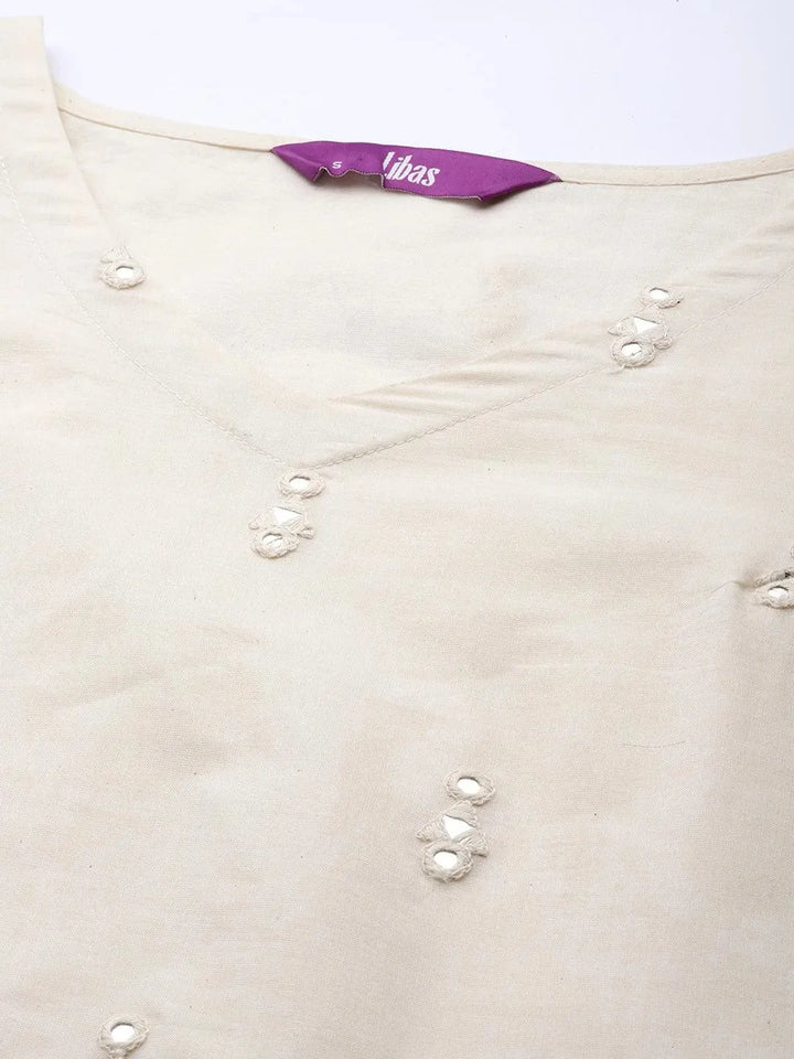 Off White Embroidered Cotton Straight Suit Set With Trousers - Libas
