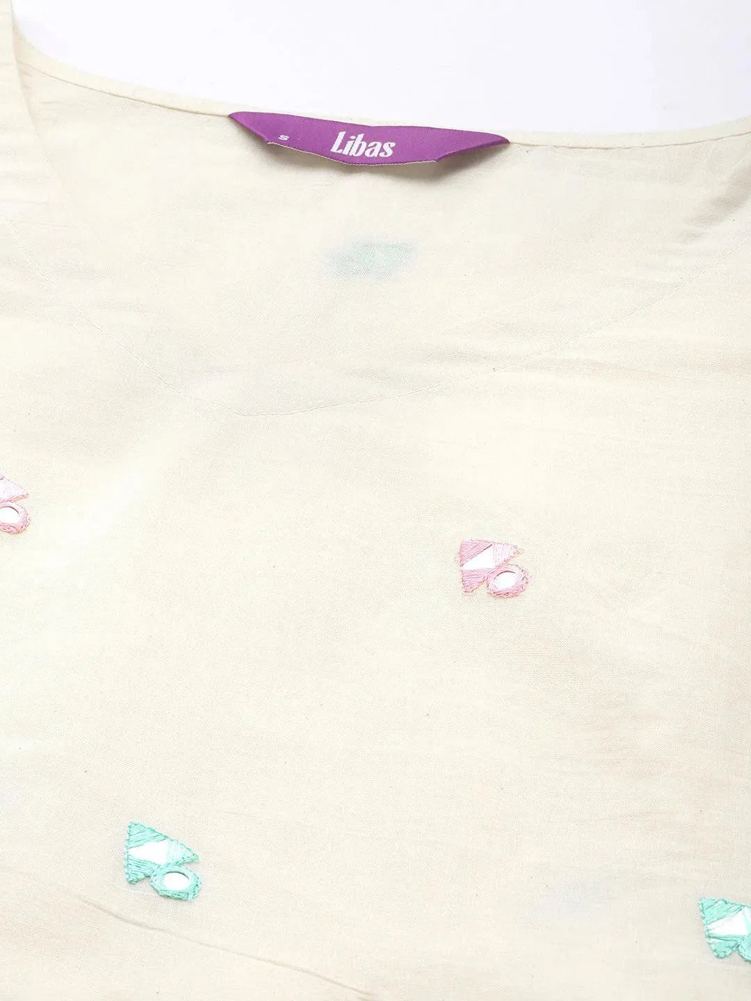 Off White Embroidered Cotton Straight Suit Set With Trousers - Libas 