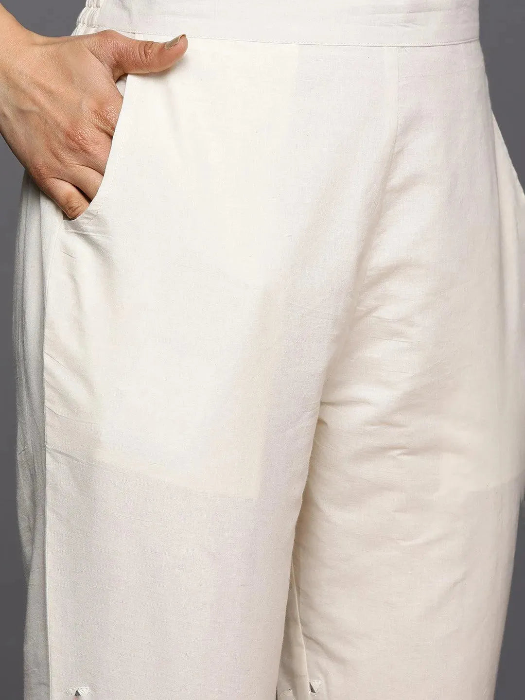 Off White Embroidered Cotton Straight Suit Set With Trousers - Libas 