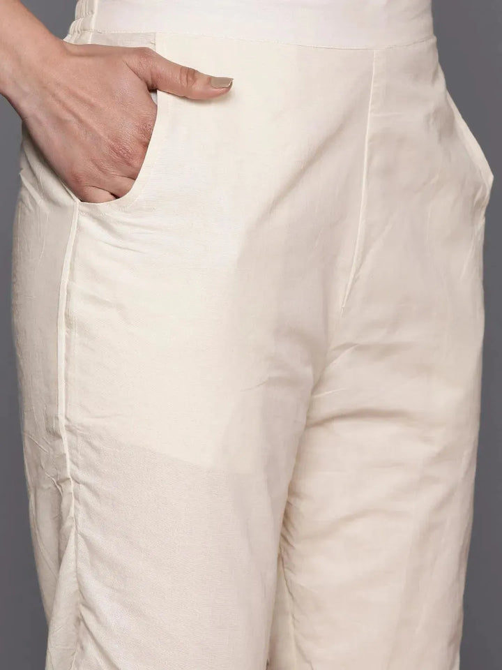 Off White Embroidered Cotton Straight Suit Set With Trousers - Libas