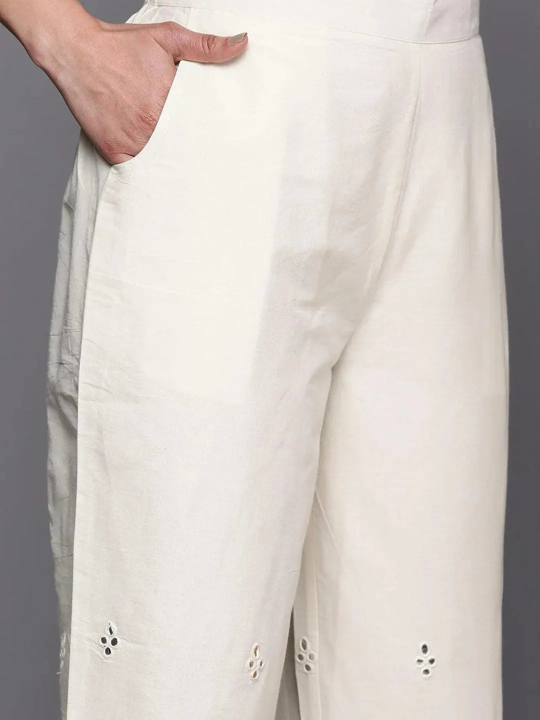 Off White Embroidered Cotton Straight Suit Set With Trousers - Libas