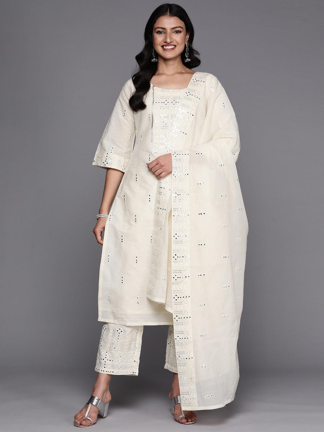 Off White Embroidered Cotton Straight Suit Set With Palazzos - Libas