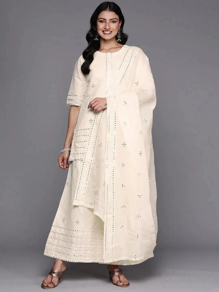 Off White Embroidered Cotton Straight Suit Set With Palazzos - Libas