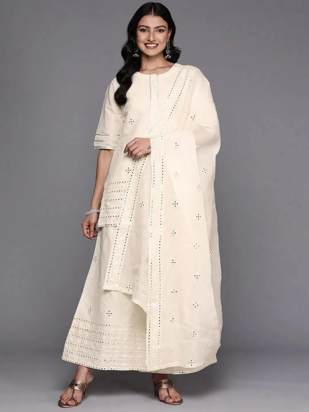 

Off-White Embroidered Cotton Straight Kurta With Palazzos & Dupatta