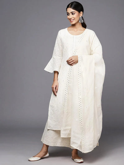 Off White Embroidered Cotton Straight Kurta With Palazzos & Dupatta - Libas