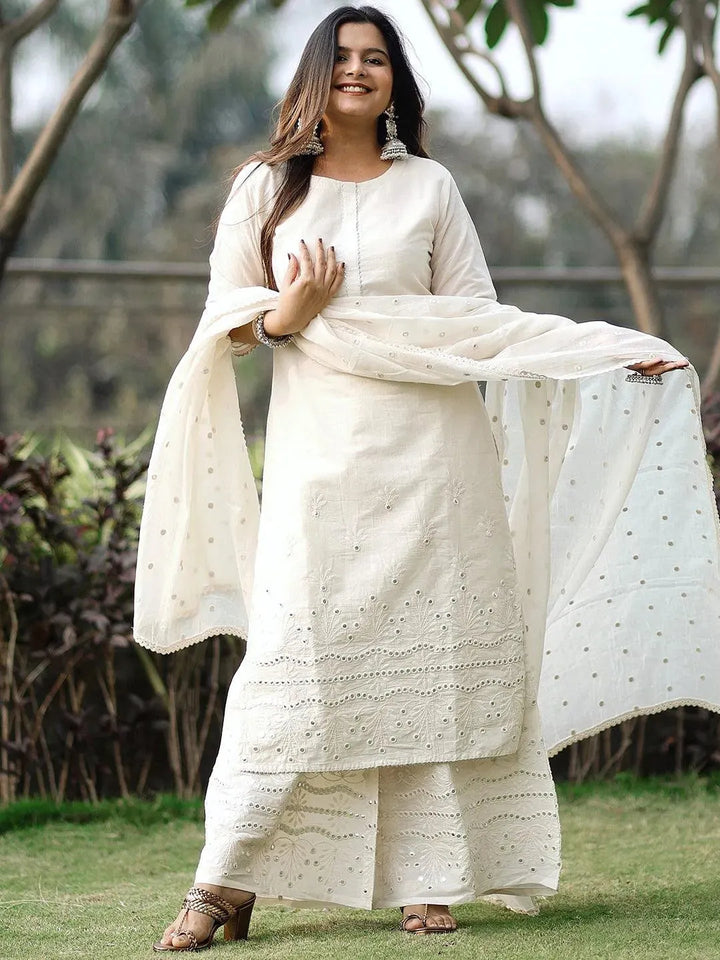 Off White Embroidered Cotton Suit Set - Libas