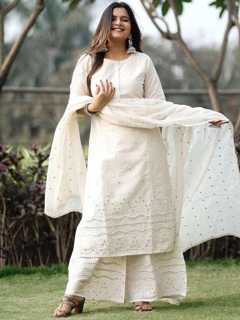 Libas Off-White Embroidered Cotton Straight Kurta With Palazzos & Dupatta