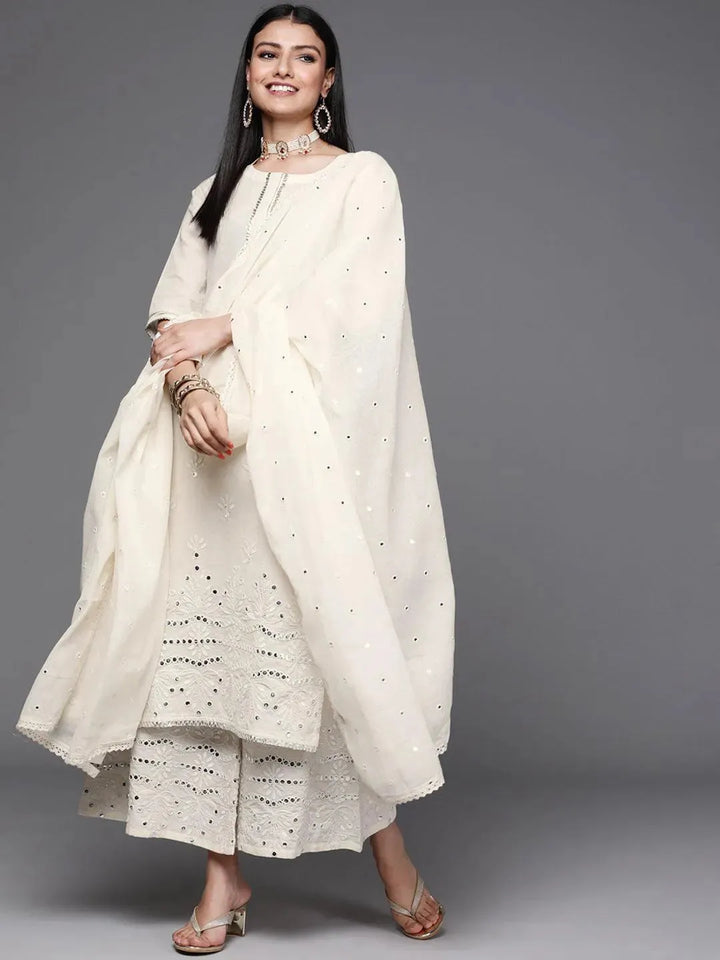 Off White Embroidered Cotton Suit Set - Libas