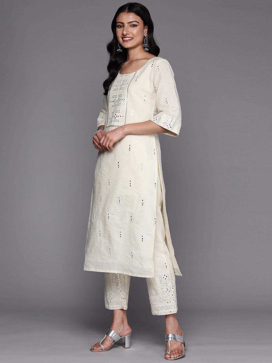 Off White Embroidered Cotton Straight Suit Set With Palazzos - Libas