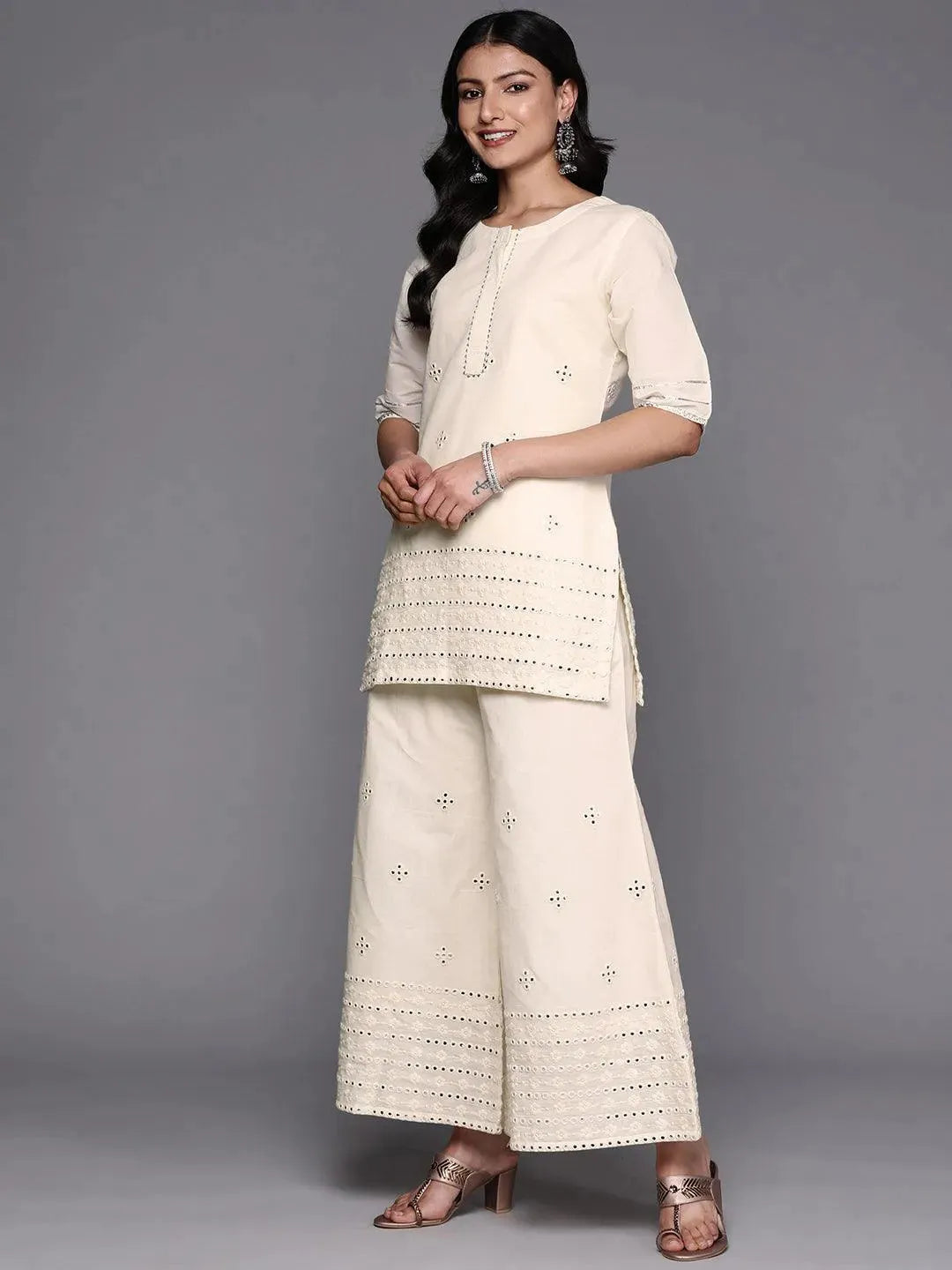 Off White Embroidered Cotton Straight Suit Set With Palazzos - Libas 