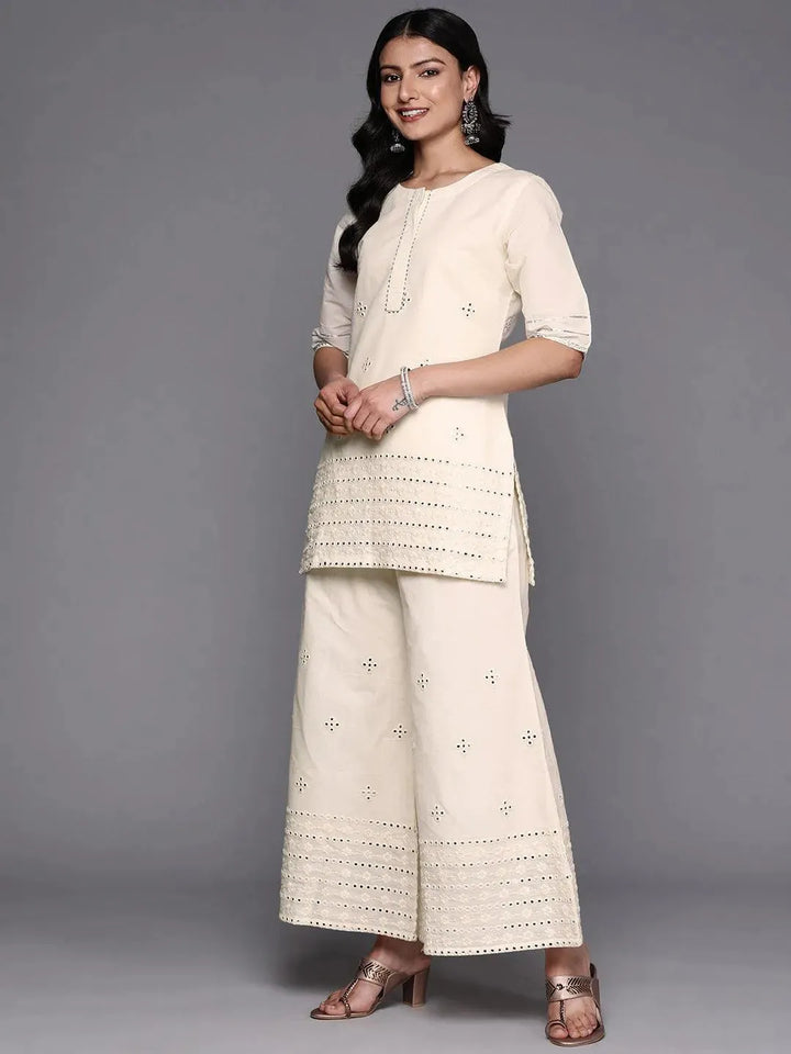 Off White Embroidered Cotton Straight Suit Set With Palazzos - Libas