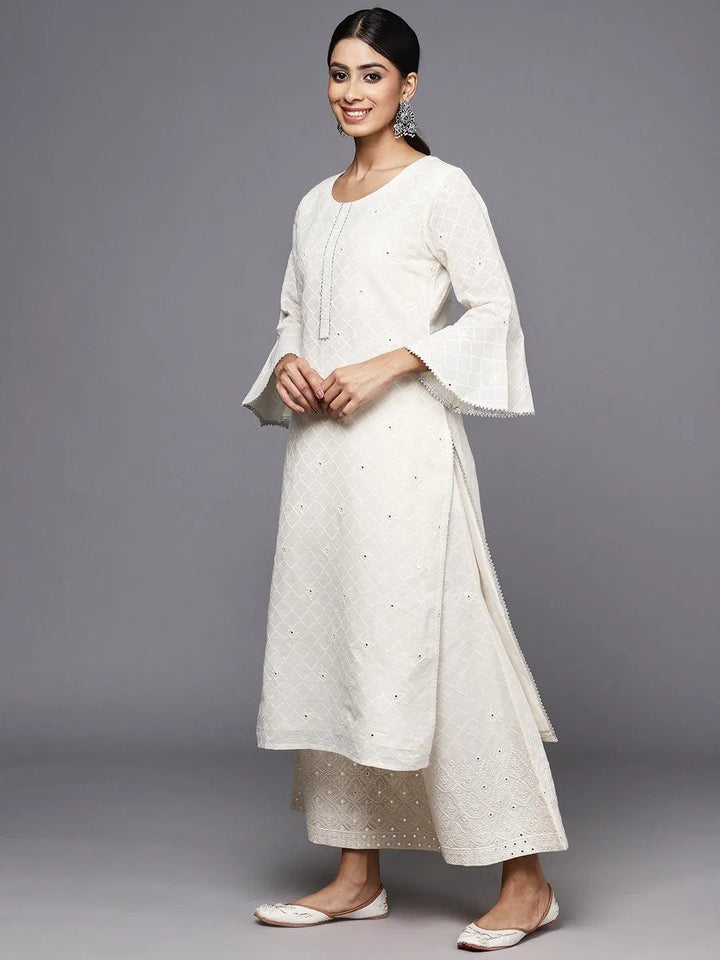 Off White Embroidered Cotton Straight Kurta With Palazzos & Dupatta - Libas