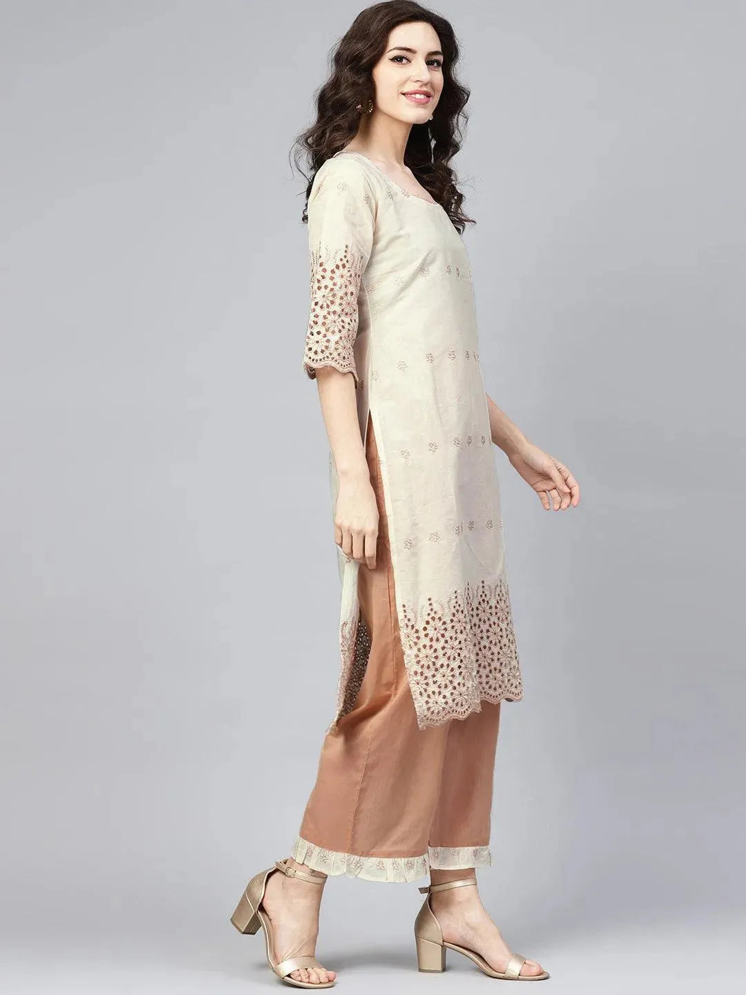 Off White Embroidered Cotton Suit Set - Libas 