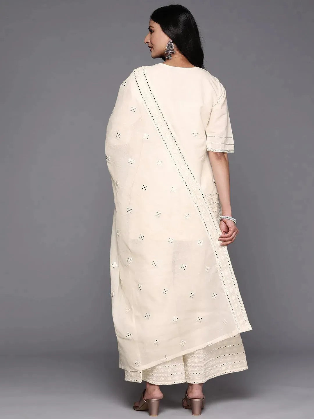 Off White Embroidered Cotton Straight Suit Set With Palazzos - Libas