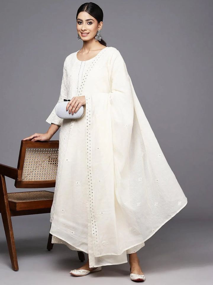 Off White Embroidered Cotton Straight Kurta With Palazzos & Dupatta - Libas