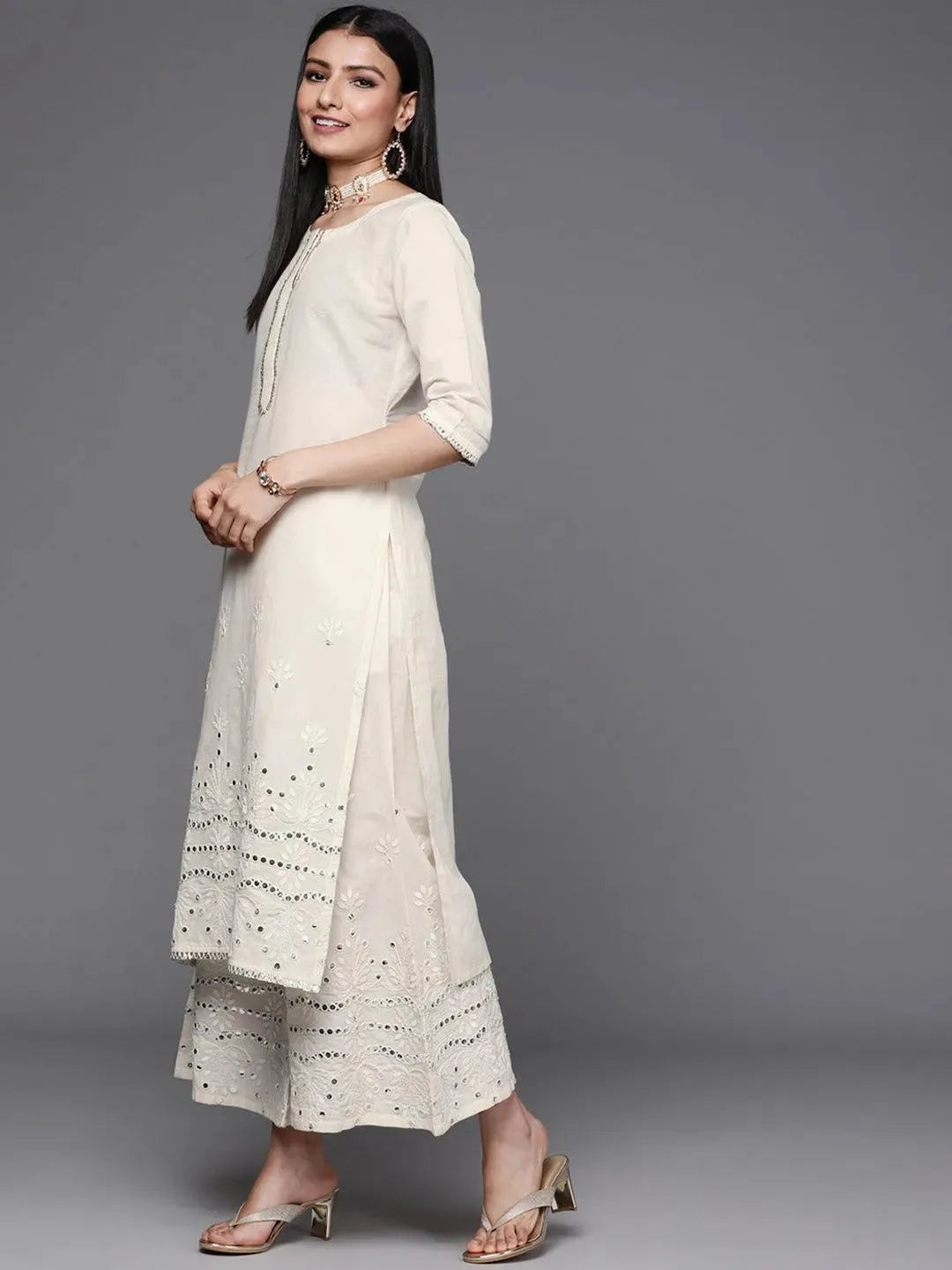 Off White Embroidered Cotton Suit Set - Libas