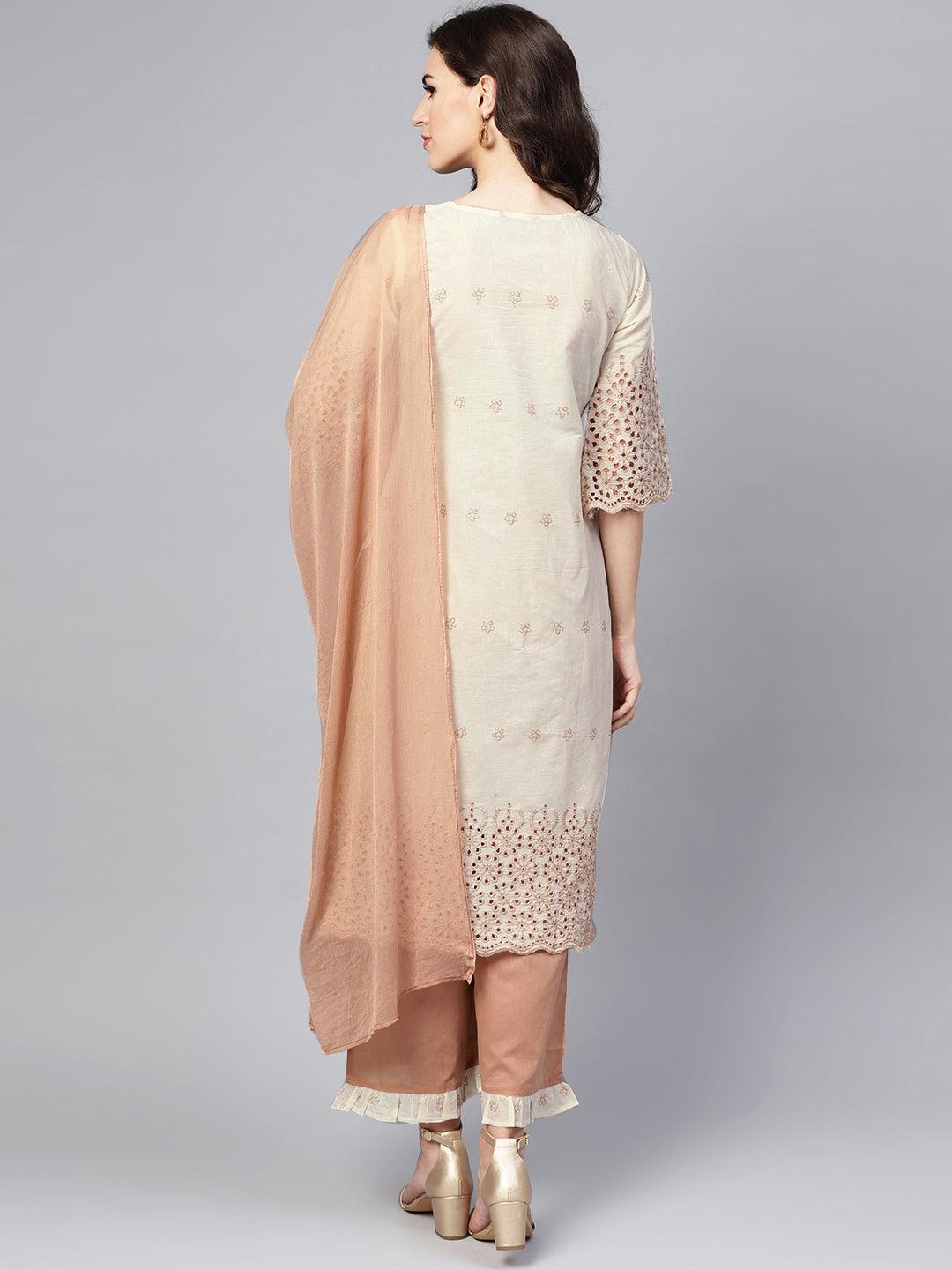 Off White Embroidered Cotton Suit Set - Libas