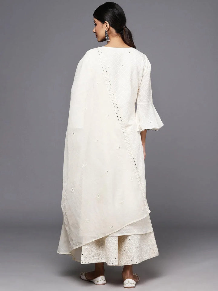 Off White Embroidered Cotton Straight Kurta With Palazzos & Dupatta - Libas