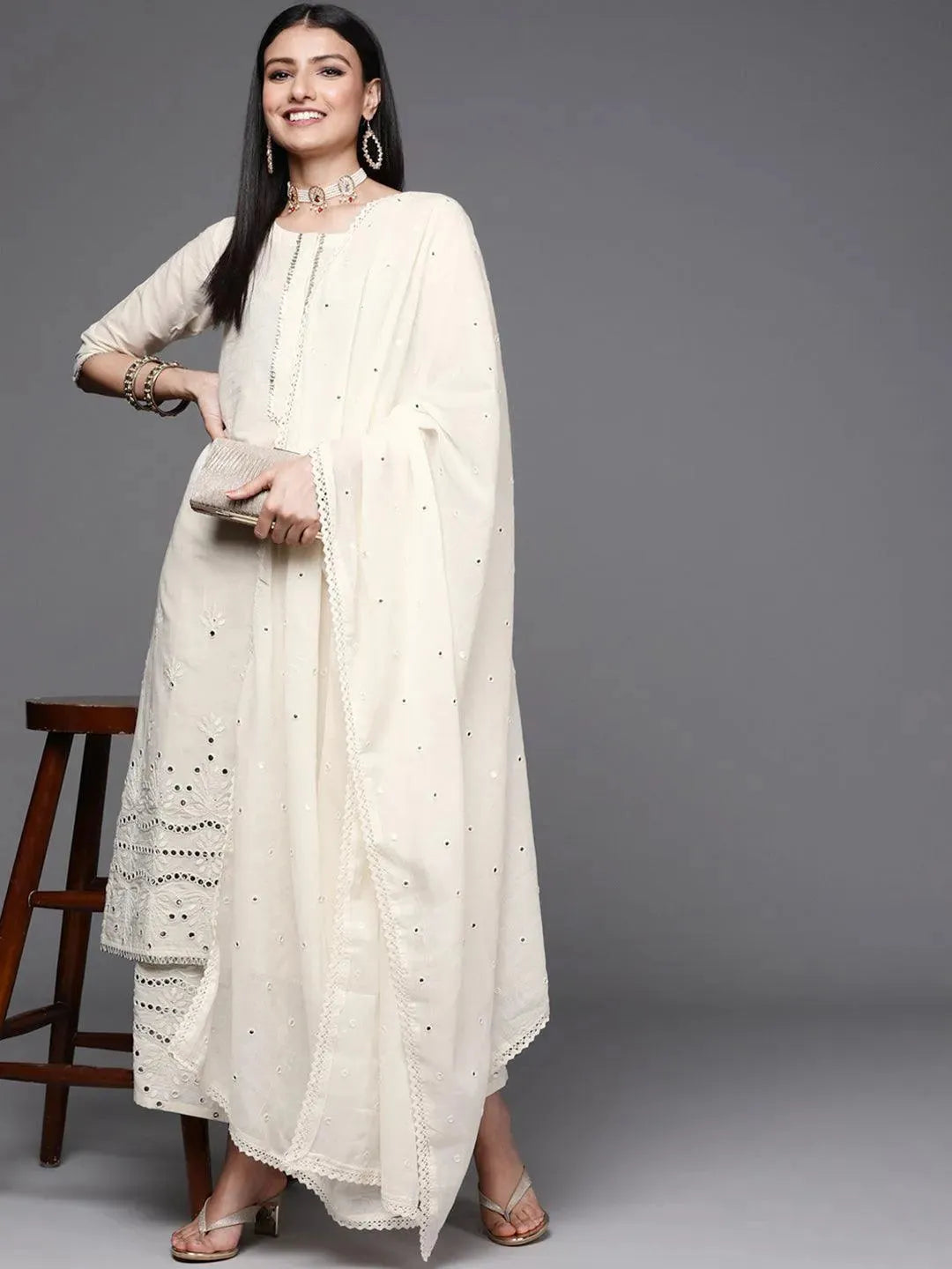 Off White Embroidered Cotton Suit Set - Libas