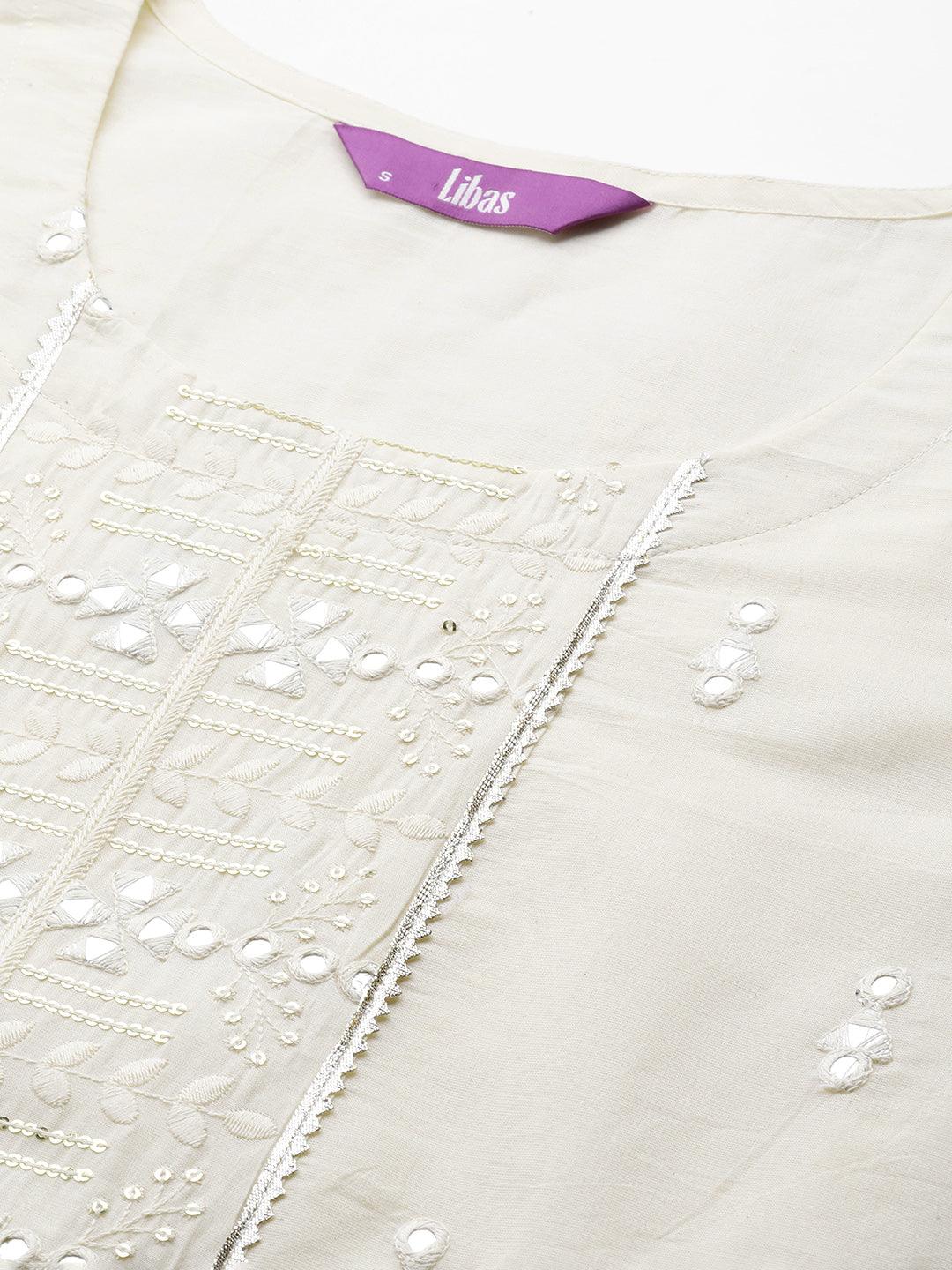 Off-White Embroidered Cotton Straight Kurta With Palazzos & Dupatta