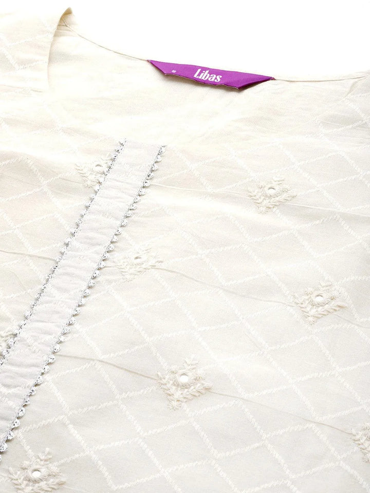 Off White Embroidered Cotton Straight Kurta With Palazzos & Dupatta - Libas