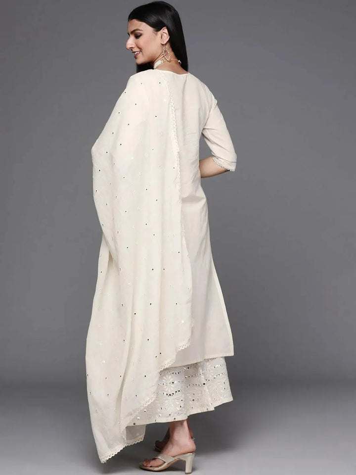 Off White Embroidered Cotton Suit Set - Libas