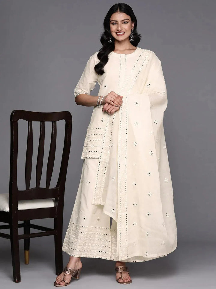 Off White Embroidered Cotton Straight Suit Set With Palazzos - Libas