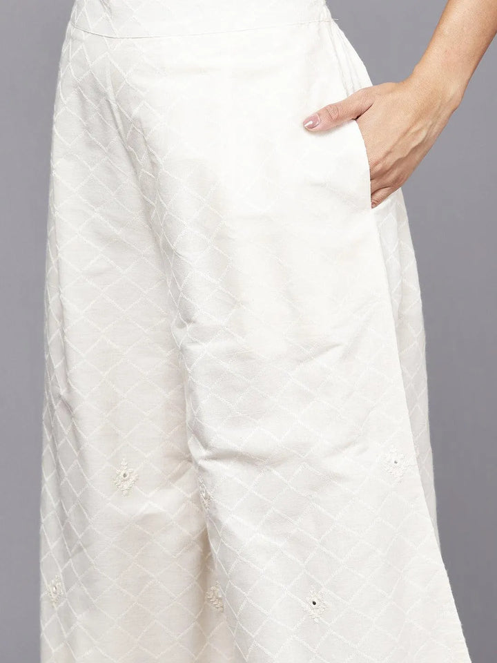 Off White Embroidered Cotton Straight Kurta With Palazzos & Dupatta - Libas