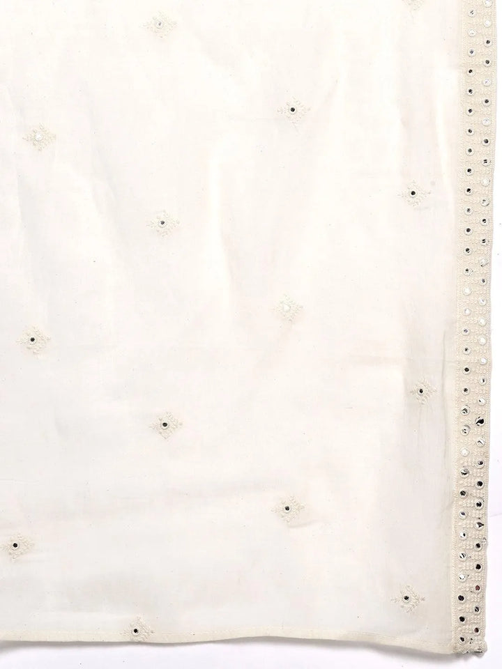 Off White Embroidered Cotton Straight Kurta With Palazzos & Dupatta - Libas