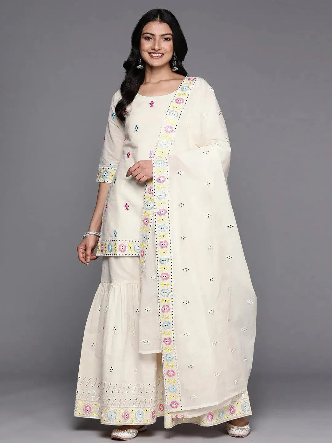 Off White Embroidered Cotton Straight Suit Set With Sharara - Libas 