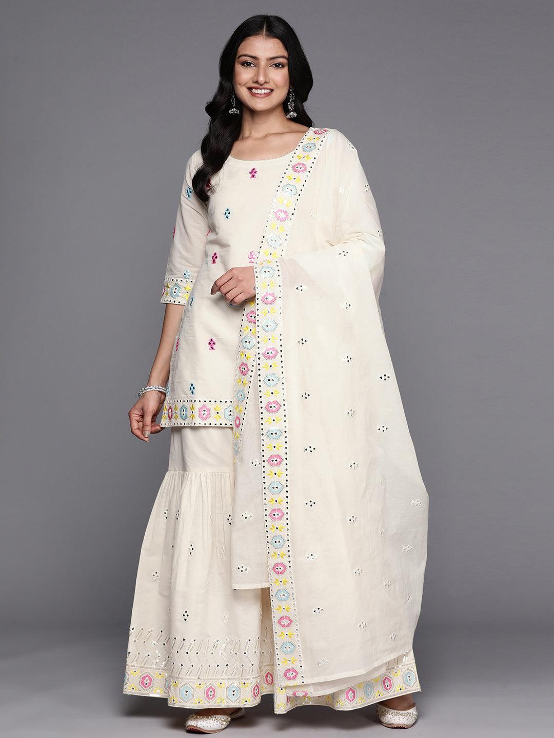 Off White Embroidered Cotton Straight Suit Set With Sharara - Libas