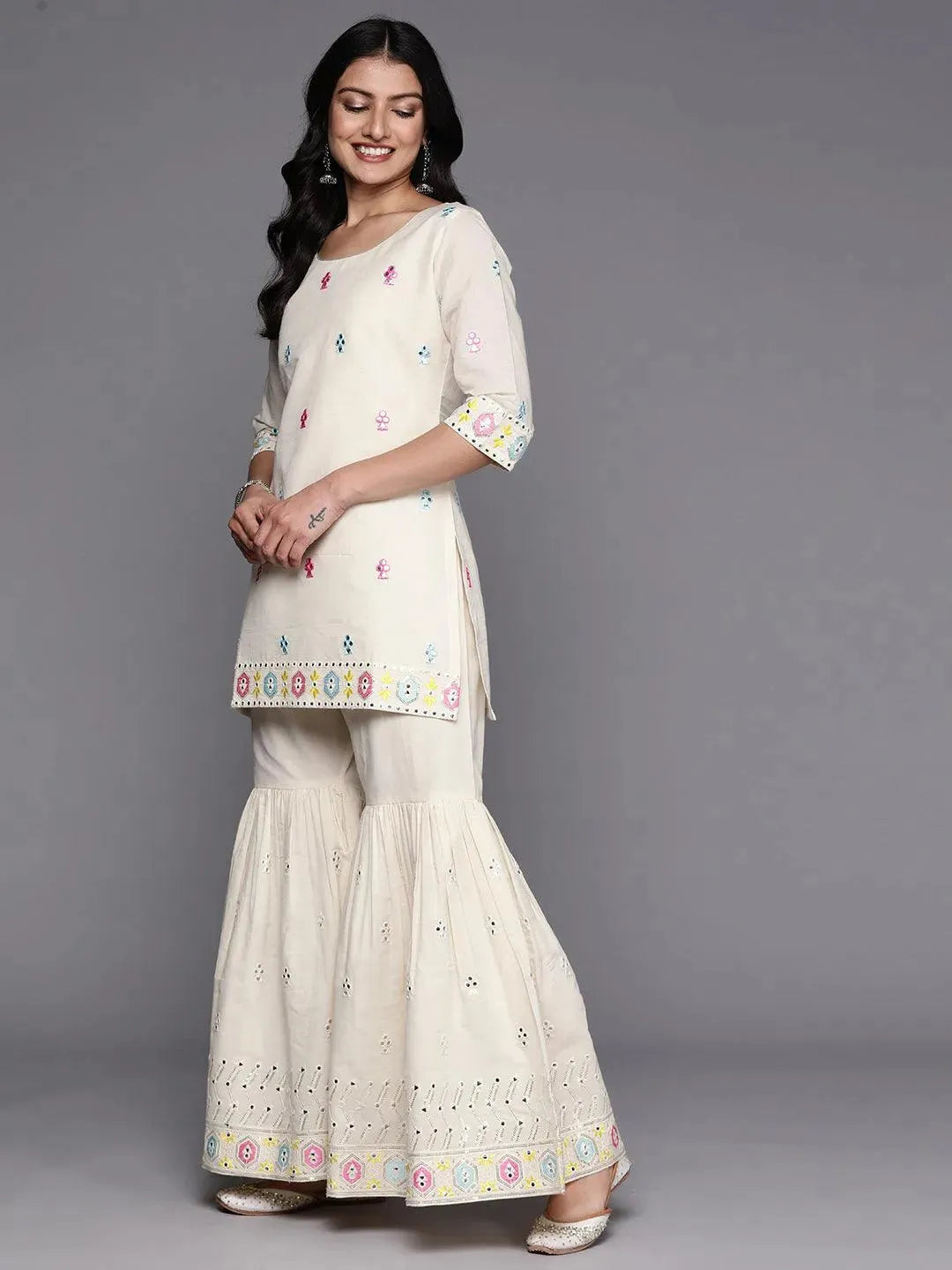 Off White Embroidered Cotton Straight Suit Set With Sharara - Libas 