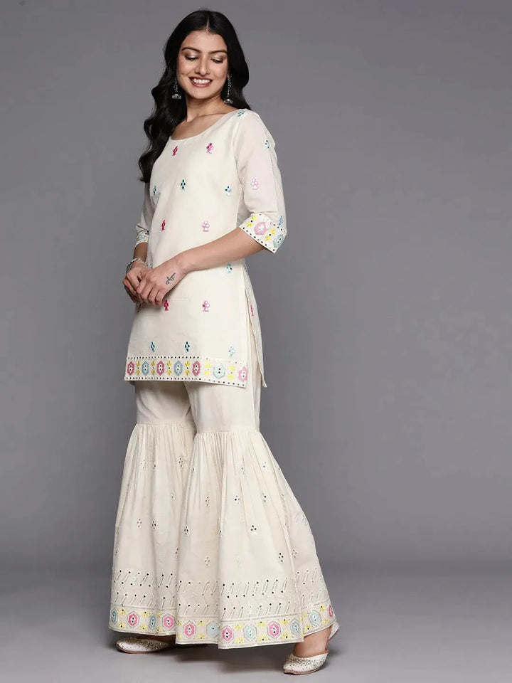Off White Embroidered Cotton Straight Suit Set With Sharara - Libas