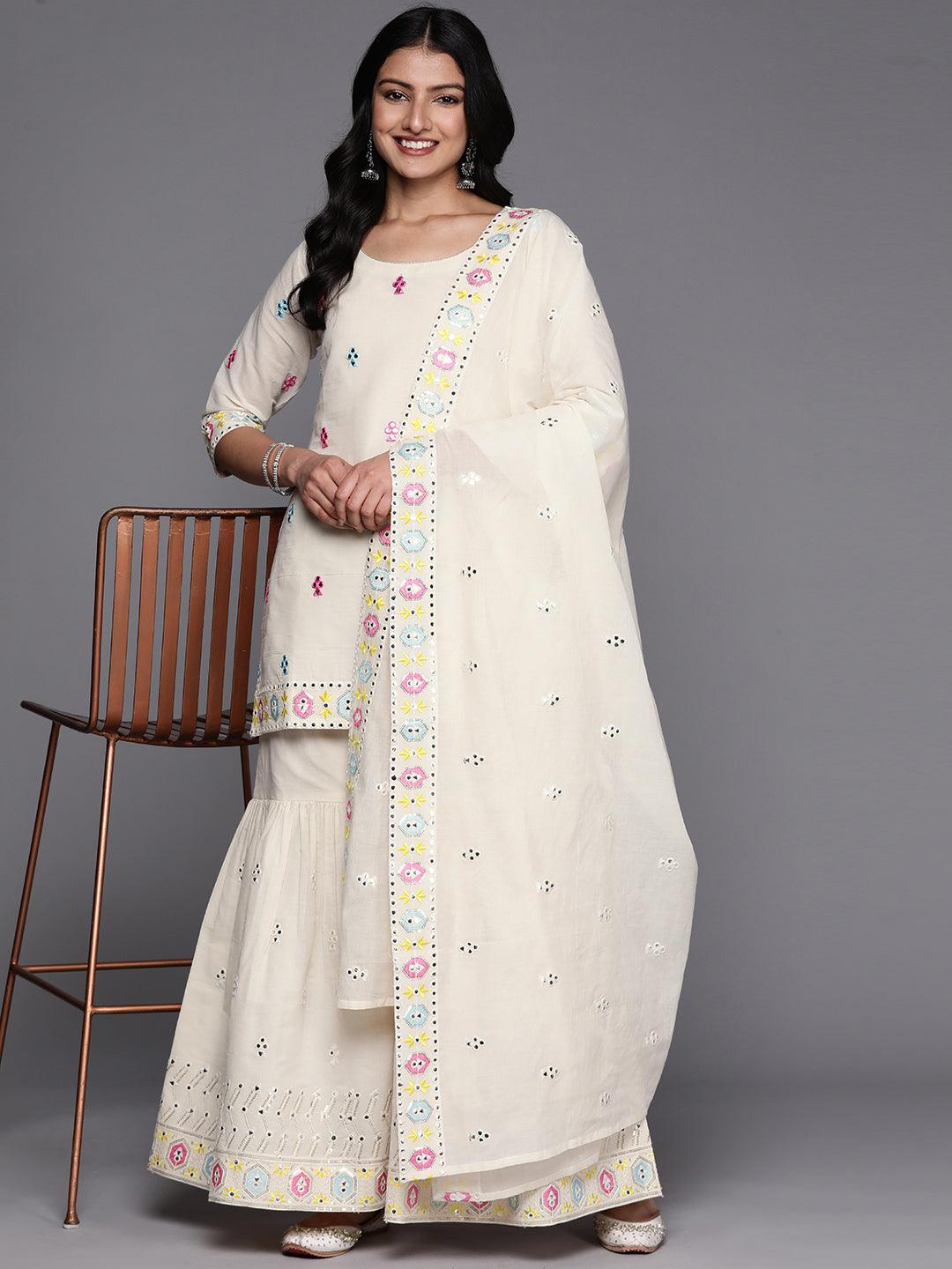 Off White Embroidered Cotton Straight Suit Set With Sharara - Libas