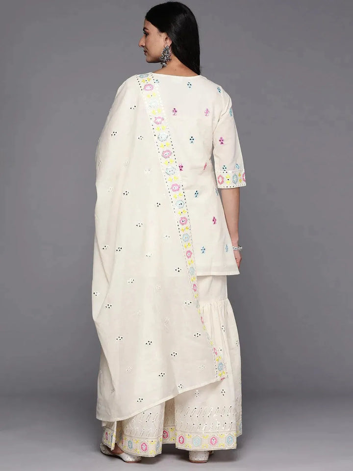 Off White Embroidered Cotton Straight Suit Set With Sharara - Libas