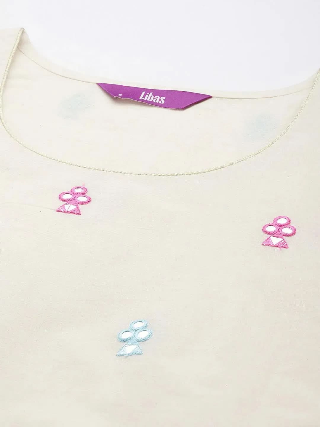 

Off-White Embroidered Cotton Straight Kurta With Sharara & Dupatta