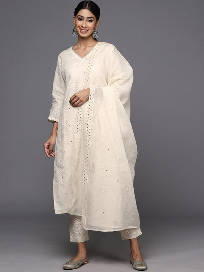 Off White Embroidered Cotton Straight Kurta With Trousers & Dupatta - Libas